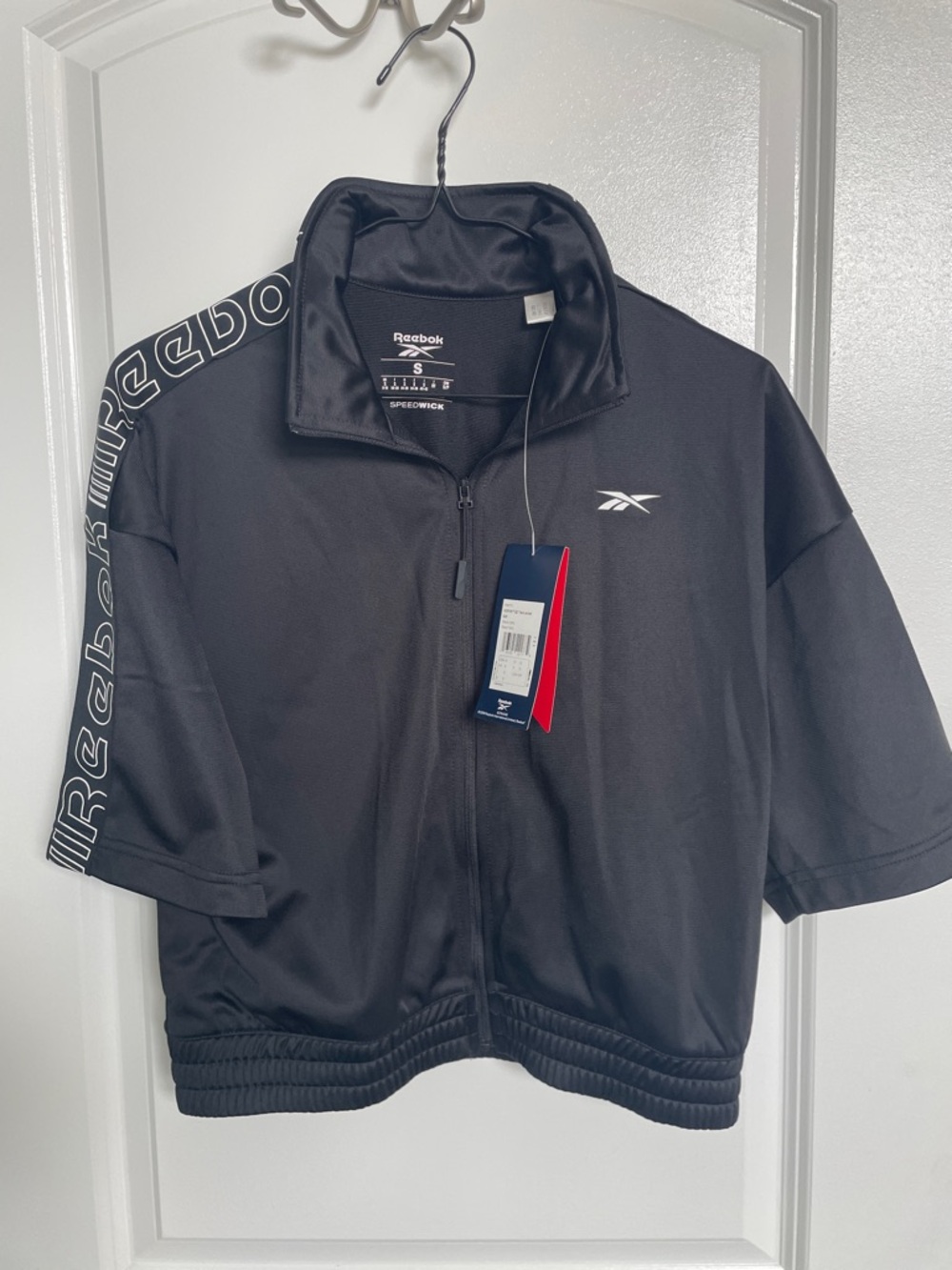 Reebok Black Short-Sleeve Zip-Up Track Jacket with Shoulder Logo Tape